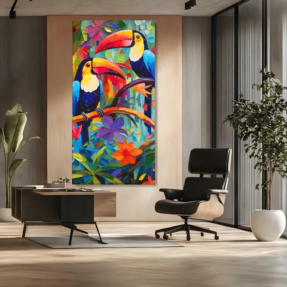 Tablou canvas cu tablou canvas cu tucani colorati, fara rama, pe sasiu de lemn, pe perete intr-un birou